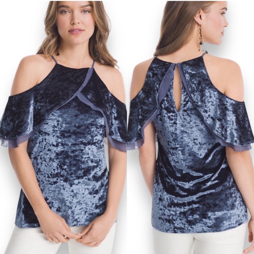 White House Black Market Crushed Velvet Cold Shoulder Flounce Top Blue Crush